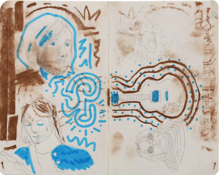 Kurt Cobain Sketchbook Page, pencil, pastel, and graphite on paper, 2024