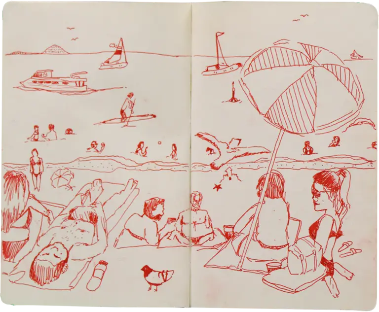At The Beach Sketchbook Page, ink on paper, 2024