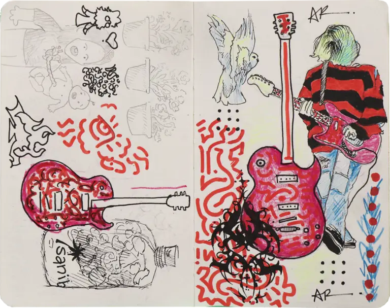 Kurt Cobain Sketchbook Page, acrylic, ink, and graphite on paper, 2024