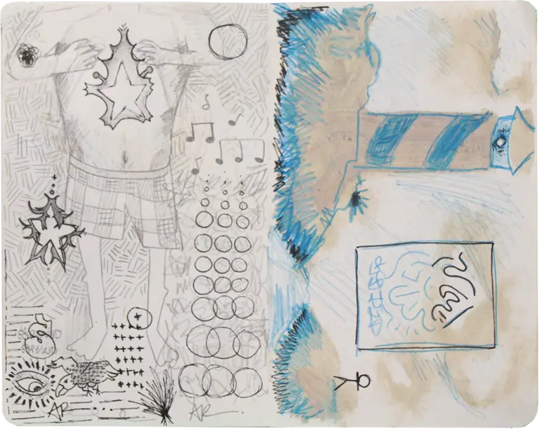 Light House Sketchbook Page, acrylic, graphite, colour pencil, and ink on paper, 2024