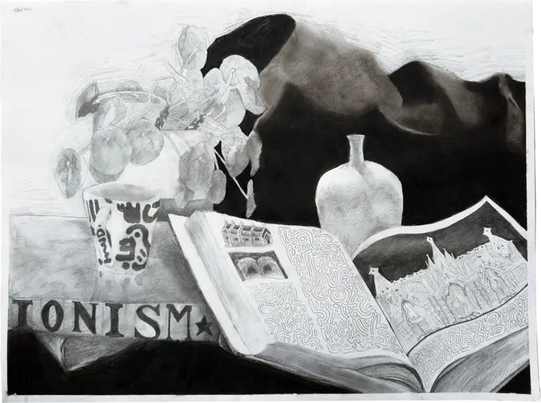 Words On A Page (IONISM), charcoal and graphite on paper, December 2024